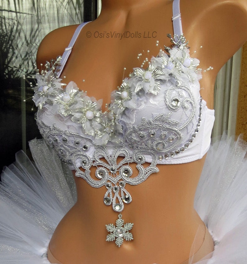 Silver White Winter Wonderland Rave Bra, Ice Princess, Snow Angel, Christmas, Bachelorette Bridal Bra image 2