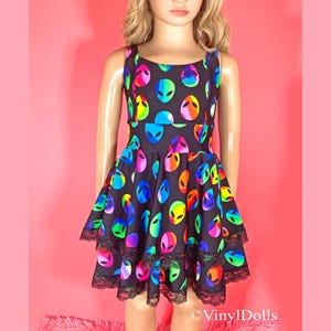 Rainbow Aliens Girls Dress, Kids Skater Dress, Party Dress, Child Dress