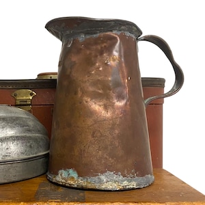 Antique Copper Pitcher by Kreamer, 2 Quarts, Handle, Rustic Country Farmhouse Decor Kitchen Storage Display, Primitive Gift for Her