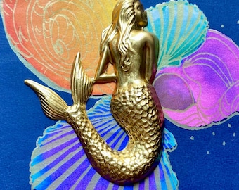 Mermaid Charm large Raw Brass No Hole embellishment stamping pendant finding, 56mm x  39mm, Made in USA
