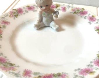 Upcycled Ceramic Figurine Ring Dish, Vintage Floral China Saucer, Jewelry Storage Plate Display Photo Prop, Whimsical Trinket Dish