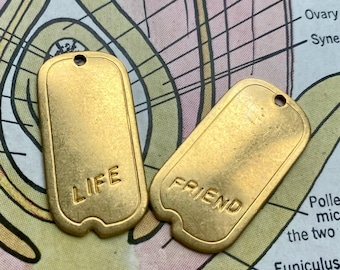 Choice Life or Friend Mini Dog Tag Charm Pendant Jewelry Finding, Junk Journal Scrapbook Supply, Raw Brass Stamping, 1pc or 4pcs
