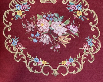 Victorian Floral Needlepoint Chair Seat Cover, NOS Vintage 100% Wool Baroque  Pre Worked Finished Large Square, 27" or 32" Burgundy Red