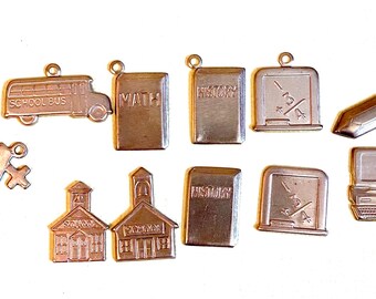 6pc Choice School Theme Charm Embellishment Ornament, Raw Brass Jewelry Finding, Teacher Junk Journal Scrapbook, chalk board, books, pencil
