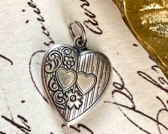Victorian Style Heart Charm or Pendant For Necklace or Bracelet, Ornate Double Sided Silver Tone Love Token, Puffy Heart Jewelry