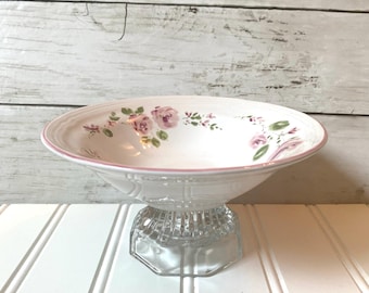 Upcycled Pedestal Soap or Candy Dish, Vintage Stoneware Pink Roses Bowl, Jewelry Storage Display Photo Prop, Whimsical Trinket Dish