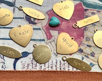 Choice 6pcs Engraved Word Affirmation Theme Charm, Jewelry Finding Junk Journal Scrapbook Supply, Raw Brass Stamping