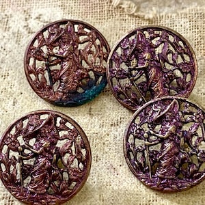 4 Antique Metal Picture Buttons~ Victorian Woman in Hat~ Pierced Figure Fop~ Flowers Color Tinted Purple~ Old Floral Medium Size 3/4&quot;