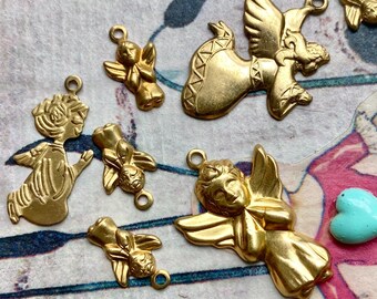 Choice Angel Charm Pendant Jewelry Finding, Praying Flying Angel, Religious Junk Journal Scrapbook Supply Embellishment, Raw Brass Stamping