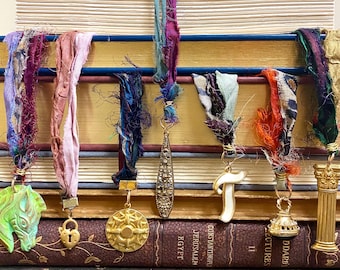 Handmade Sari Silk Ribbon Bookmarks, Gold Tone Brass Charms, Zebra Heart Padlock Compass Letter T Gold Fob Jewel Tones Hand Torn Ribbon
