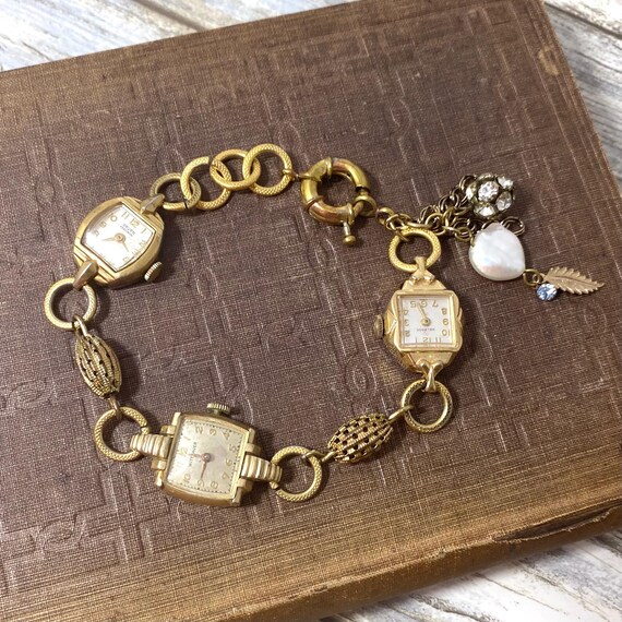 Handmade Antique Ladies Watch Face Bracelet, 10kt Gold Fill  display picture 2