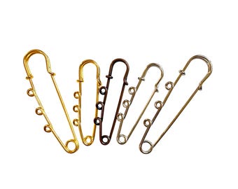 10 Heavy Duty Large 3 Loop Safety Pins, 50mm or 64mm/2"-2.5" Silver, Gold, or Bronze, Kilt Scarf Blanket Pin Jewelry Brooch Finding