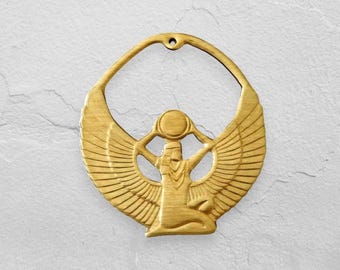 1 Egyptian Goddess charm, large Raw Brass pendant stamping finding, winged Isis embellishment  37mm x 42mm, Made in USA