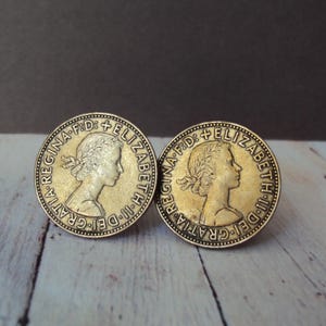 1959 English Half Penny Cuff Links, Vintage Men's Authentic Queen Elizabeth Profile Coins with Sailing Ship