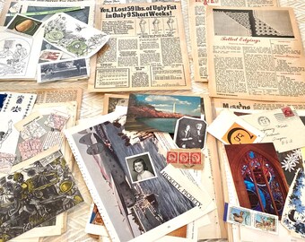 May include: A collection of vintage ephemera, including newspaper clippings, postcards, and stamps. The items feature various colors and textures, with text such as "Magnificent Giant ALL ELECTRIC" and "Yes, I Lost 59 lbs. of Ugly Fat".