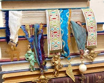 Handmade Sari Silk Ribbon Bookmarks, Religious Theme, Angels, Cross, Hebrew Chai Symbol Gold Tone Charms,Jewel Tone, Book Lovers Gift