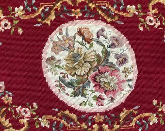 Victorian Floral Needlepoint Piano Bench Cover, NOS Vintage 100% Wool Pre Worked Finished Large, 15.5" x 28" Red Maroon