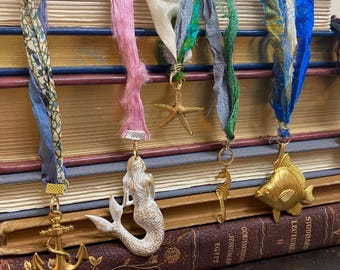 Handmade Sari Silk Ribbon Bookmarks, Gold Tone Brass Charms, Angel Fish Seahorse Mermaid Undersea Ocean Theme, Jewel Tones Hand Torn Ribbon