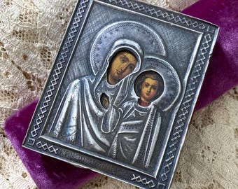 Antique 19th Century Russian .875 Silver Icon Madonna & Jesus Painting on Wood 1890