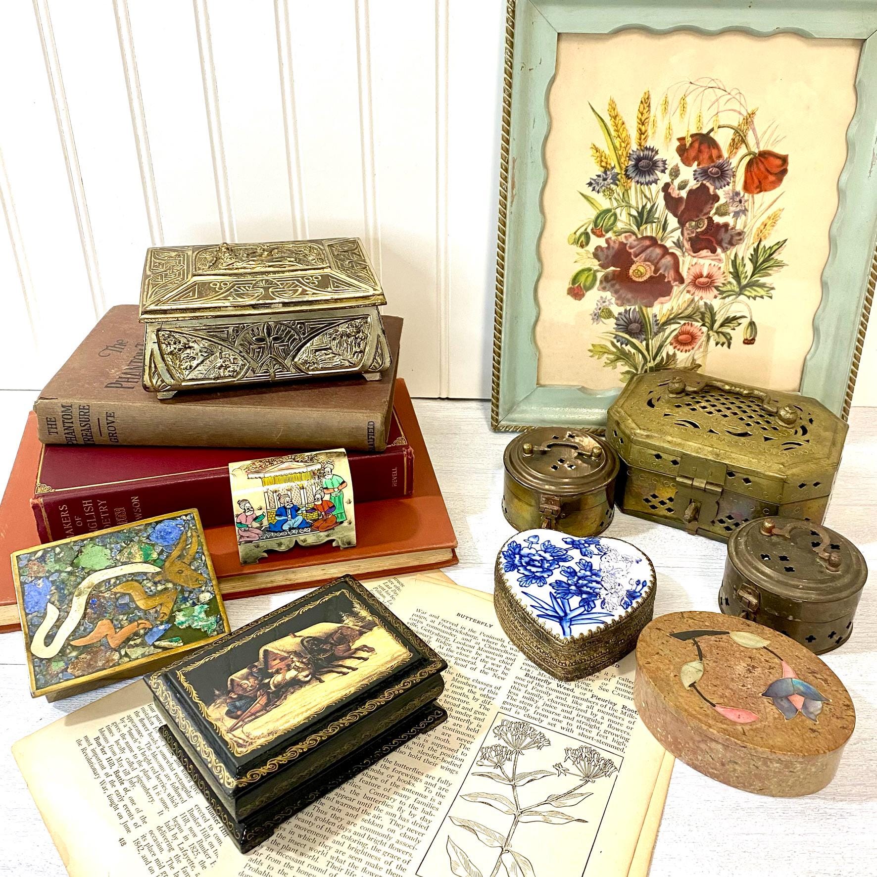 北印度産　玉石　インディアン・カラー・ストーン象嵌　飾箱　共箱　V　R8518 A tin box and cover Zhong Xin Kai Ji mark, Qing dynasty | 清