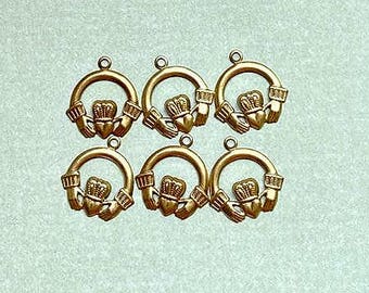 6pcs Claddagh Charm, Jewelry Finding, Junk Journal Scrapbook Supply, Raw Brass Stamping 16.5mm x 17mm