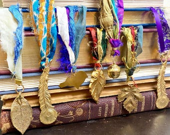 Handmade Sari Silk Ribbon Bookmarks, Gold Tone Nature Charms, Electroplated Leaf, Acorn, Bird, Peacock, Feather, Jewel Tone Hand Torn Ribbon
