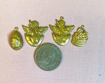 6pcs Easter Holiday Theme Charms, Chicks Easter Egg Basket, Raw Brass Stampings, Jewelry Finding Junk Journal Scrapbook Supply Embellishment