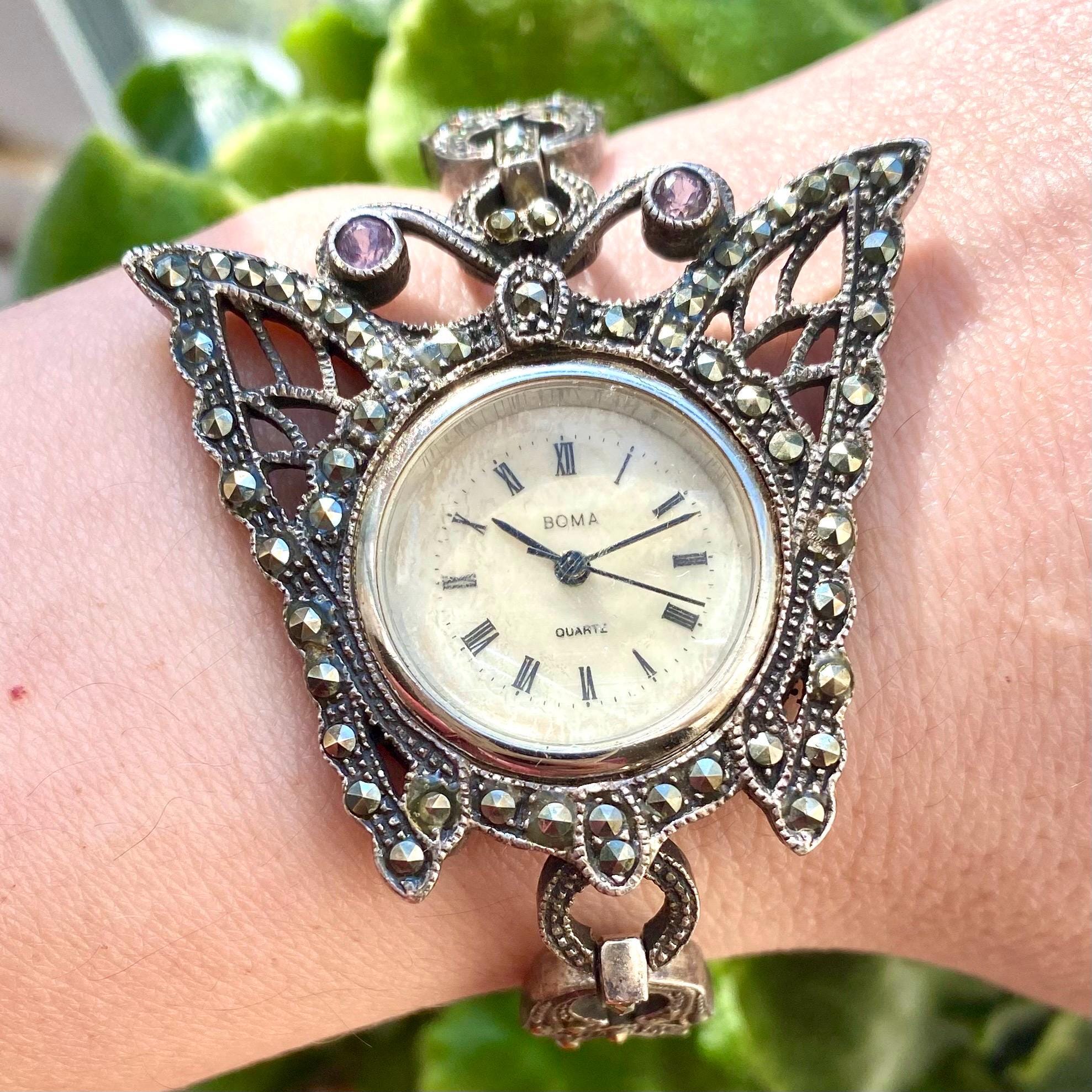 Sterling Silver Butterfly Marcasite Watch, Amethyst 