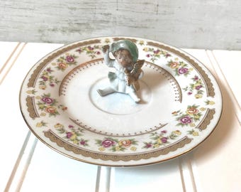 Upcycled Gilded Girl Ring Dish, Vintage China Saucer, Jewelry Storage Plate Display Photo Prop, Whimsical Trinket Dish