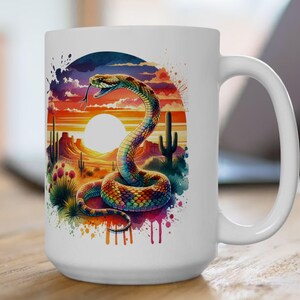Taza de cerámica con diseño de serpiente de cascabel y amanecer, taza de café colorida con diseño de reptil para amantes de las serpientes, 11 oz, 15 oz, regalo para dueños de serpientes, cocina con temática de desierto