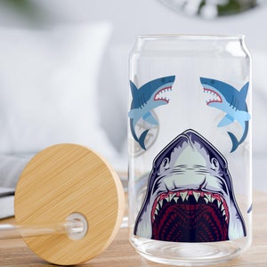 Shark Sipper Glass, 16oz Best Gift for the Shark Enthusiast Shark Lover Drinkware Oceanographer Gift Christmas Glassware Gift Coffee Lover