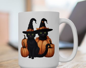 ハロウィン セラミックマグカップ (11オンス、15オンス) 黒猫かぼちゃマグカップ ハロウィンテーマのマグカップ 猫好きの方へのギフト ペットの飼い主さんへのギフト 不気味なテーマの猫のマグカップ