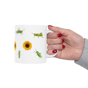 Heuschrecke Sonnenblume Keramikbecher für Käfer Liebhaber Geschenk für Sie, 11 Unzen 15 Unzen, Sommer und Geburtstagsbecher Kaffeeliebhaber Geschenk, Sonnenblumen-Enthusiastenbecher