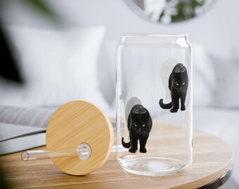 Black Cat Sipper Glass, 16oz Best Gift for Cat Owner and Cat Lovers Glassware Mug for Coffee Lover and Animal Lover Gift for Halloween Fan