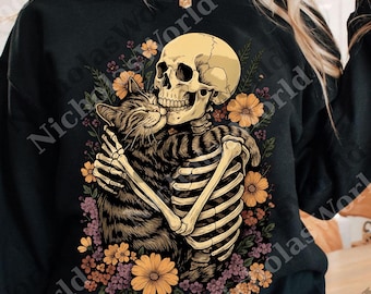 Skeleton Cat Vintage Graphic png, Halloween Skeleton Hugging Cat Digital Download, Spooky Cat and Skeleton png, Trending svg