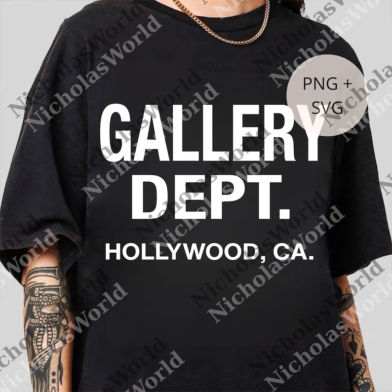 The image is a black t-shirt with white text that says "GALLERY DEPT. HOLLYWOOD, CA."