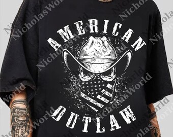 American Outlaw Cowboy Skull Graphic svg, Western Outlaw Skull American png, Country USA Illustration Digital, Retro Men's png