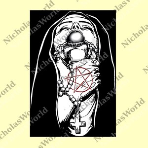 Puede incluir: Ilustración en blanco y negro de una monja con la boca abierta, sosteniendo un rosario con un pentagrama rojo. La monja lleva un hábito blanco sobre un fondo negro. La imagen tiene el texto "NicholasWorld" repetido.