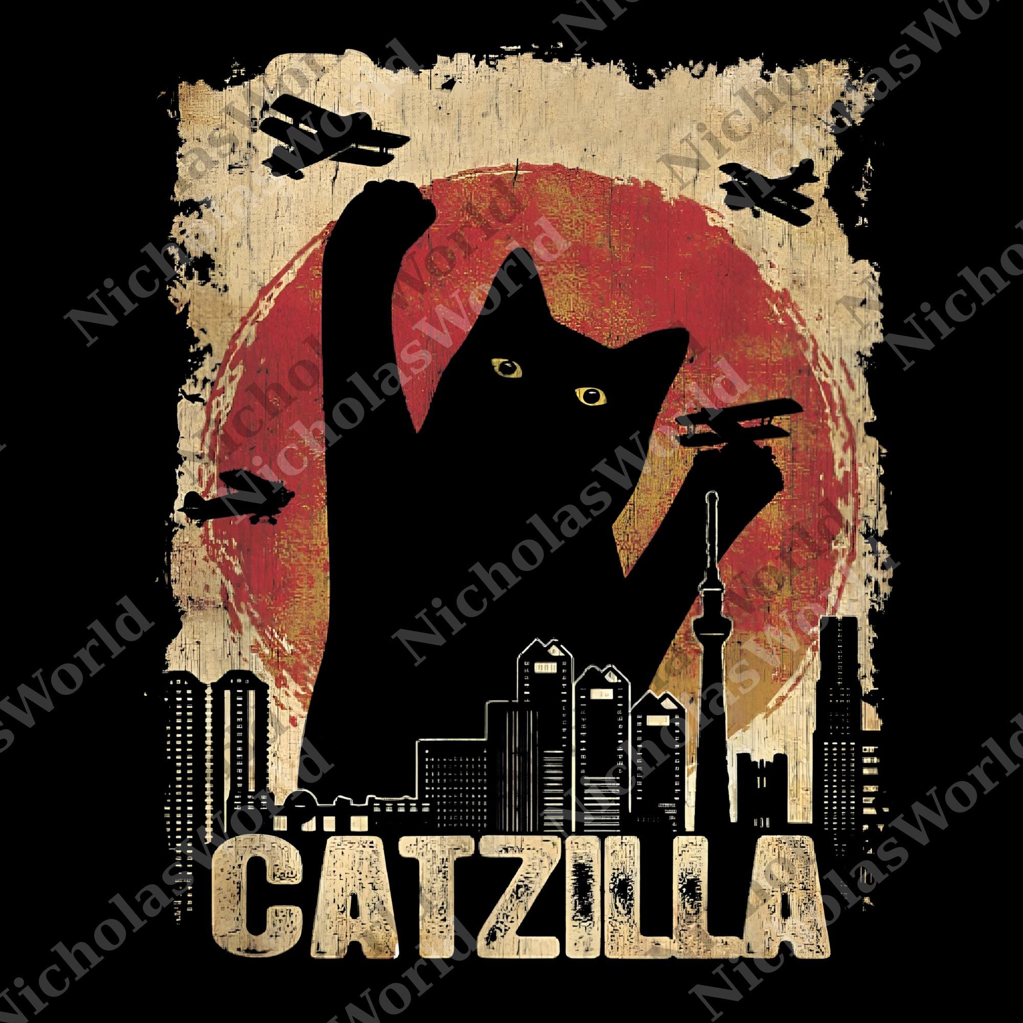 Catzilla Png, Retro Japanese Movie Poster Png, Funny Cat Digital ...