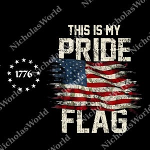 以下が含まれることがあります： 黒い背景に、アメリカ国旗のデザインが施され、「THIS IS MY PRIDE FLAG」の文字が書かれています。「1776」の年は星の円の中に表示され、愛国的なテーマを連想させます。
