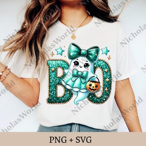 May include: White t-shirt featuring a cute ghost design with the word "BO" in teal glitter letters. The ghost is wearing a teal bow and holding a pumpkin bucket. The shirt also has star accents and the text "PNG + SVG".