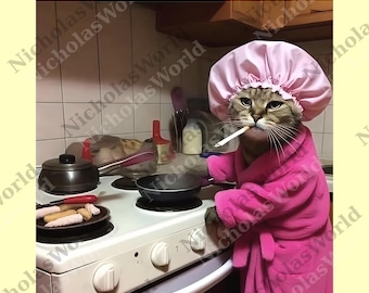 May include: A humorous image of a cat in a pink robe and shower cap, smoking a cigarette while cooking on a stove. Sausages are on a plate, and a pan is on the burner. The cat is the central focus.