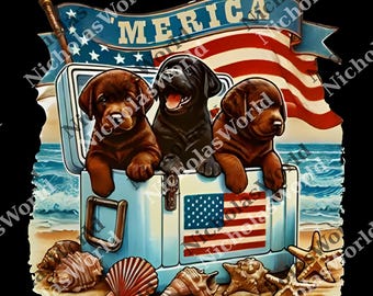 Merica Puppy Beach png, Patriotic Dog Graphic png, USA Flag and Cooler png, 4th of July Summer png, Cute American Pride png