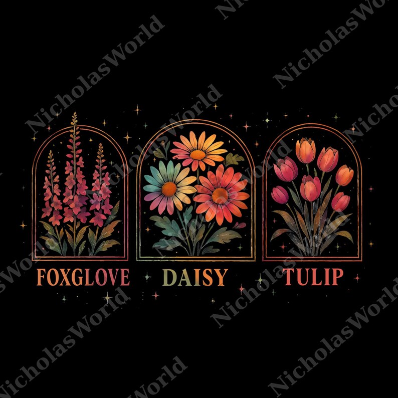 three distinct floral arrangements, each with a different flower type, set against a dark background with stars.
