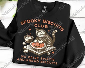 Spooky Biscuits Club png, Halloween Cat png, Spooky Cat svg, Halloween Baking Cat png, We Raise Spirits Knead Biscuits