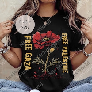 Puede incluir: Camiseta negra con una ilustración de una flor de amapola roja y las palabras "FREE GAZA" y "FREE PALESTINE" en amarillo. Incluye archivos PNG y SVG.
