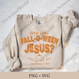 May include: A beige sweatshirt with the text "are you FALL-O-WEEN JESUS?" in orange, along with a pumpkin graphic and the Bible verse Matthew 4:19. The sweatshirt is a fall-themed design.