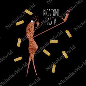 May include: Illustration of a whimsical figure with a brown, speckled body and long limbs, surrounded by scattered rigatoni pasta. The words "RIGATONI PASTA" are written in white on a black background. A fun, food-themed design.
