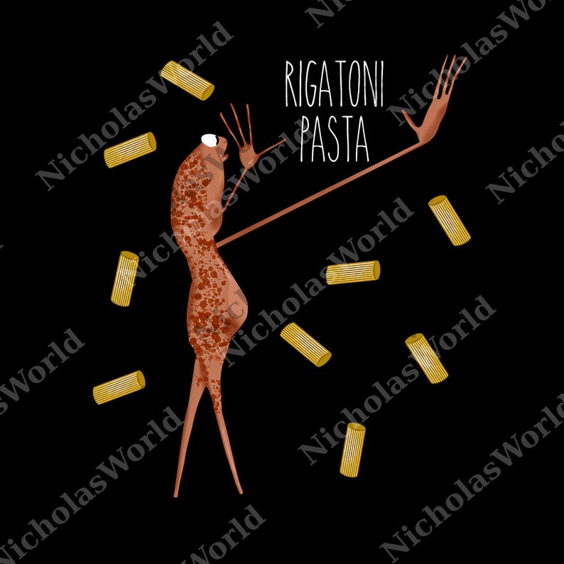 May include: Illustration of a whimsical figure with a brown, speckled body and long limbs, surrounded by scattered rigatoni pasta. The words "RIGATONI PASTA" are written in white on a black background. A fun, food-themed design.