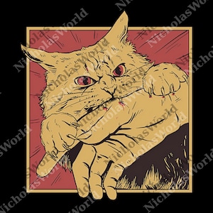 Puede incluir: Ilustración de dibujos animados de un gato enojado mordiendo una mano. El gato es de color canela con ojos rojos y está enmarcado en un borde rojo y dorado. El fondo es negro.